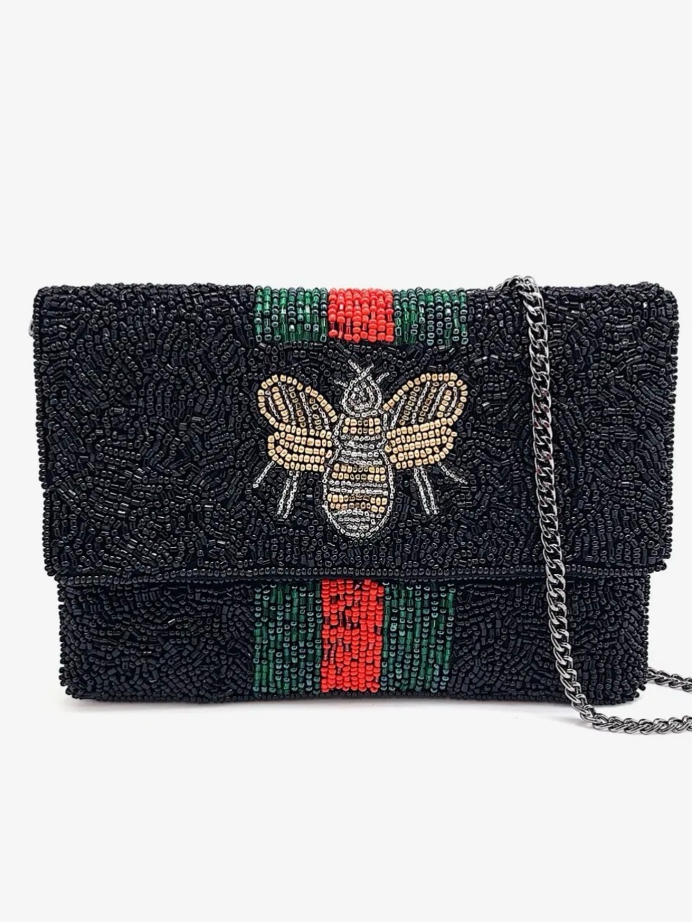 Black Beaded Bee Embellished Crossbody Bag